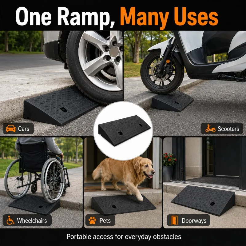 Portable Threshold Ramp 3-10cm Non-Slip Rubber Curb Ramp for Cars Scooters Wheelchairs Pets Doorways Driveways