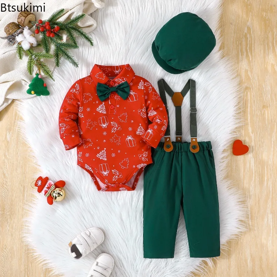 2026 New Year Outfits for Boy Green Necktie Xmas Shirts and Red Overalls Pants Baby Boy Christmas Sets New Year Children Costume