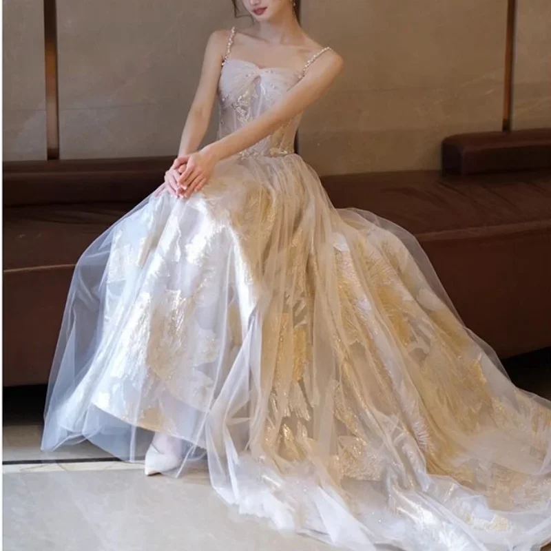 Customized Customized Temperament Printed Simple Elegant Sling Evening Dresses Mesh Bow Design Princess Prom Dress Slim Fit Bead