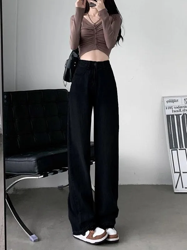 Black High Waist Wide Leg Jeans Women's Autumn New Style Loose Straight Cut Pants Draping Floor-Length Trousers