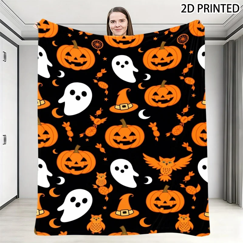 Whimsical Halloween-Themed Small Throw Blanket, Spooky Festive Pattern with Carved Orange Pumpkins, White Ghosts, Witch Hats, Cr