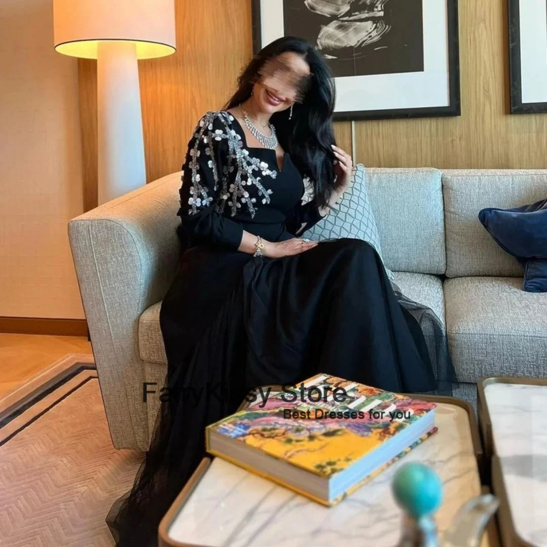 Fairy kissy elegant schwarz eine Linie Ballkleid Frauen Tüll Langarm Pailletten Party Abendkleid benutzer definierte Saudi formelle Anlass Kleid