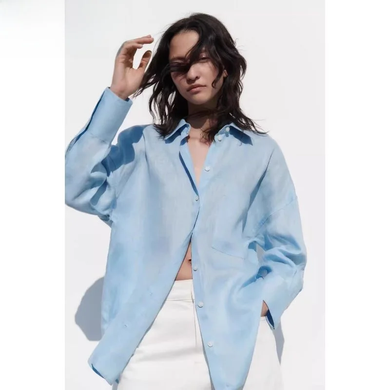 Femmes coupe ample longue Sve irt printemps automne nouveau Sle lin tissu col classique élégance polyvalent décontracté irt