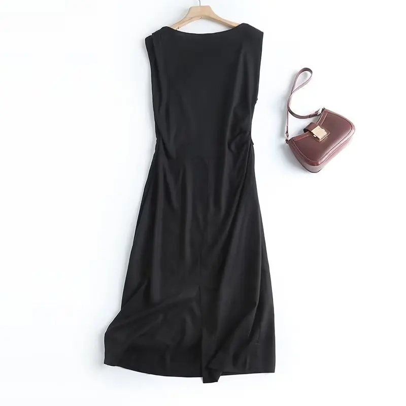 

Dave&Di 2024 Spring/Summer New Women's Dress Women Loose Cotton Hemp Retro Dress Sleeveless Black Midi Dress Casual