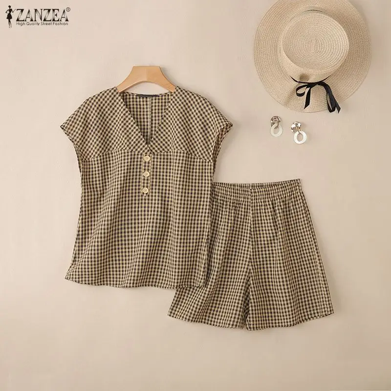 

2026 ZANZEA Fashion Summer V Neck Short Sleeve Blouse Short Sets Women 2 Pieces Sets Casual Holiday Work Outfits Plaid Tracksuit