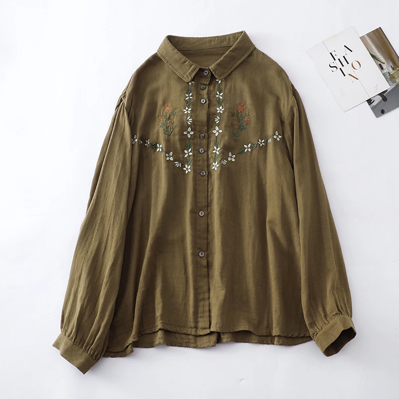 

Flower Embroidery High Quality Women's Casual Shirt Spring Summer Fashion Long Sleeve Single Breasted Loose Cozy Elegance Blouse