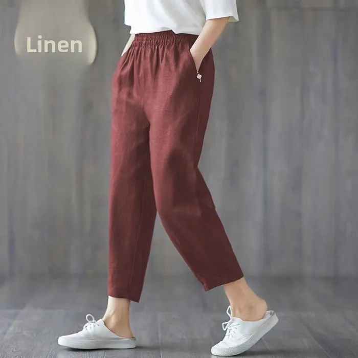 High Waist Cotton Linen Mom Pants Loose Fit Korean Style Commute Nine Points Elastic Waist Harlan Carrot Pants for Middle-Age...
