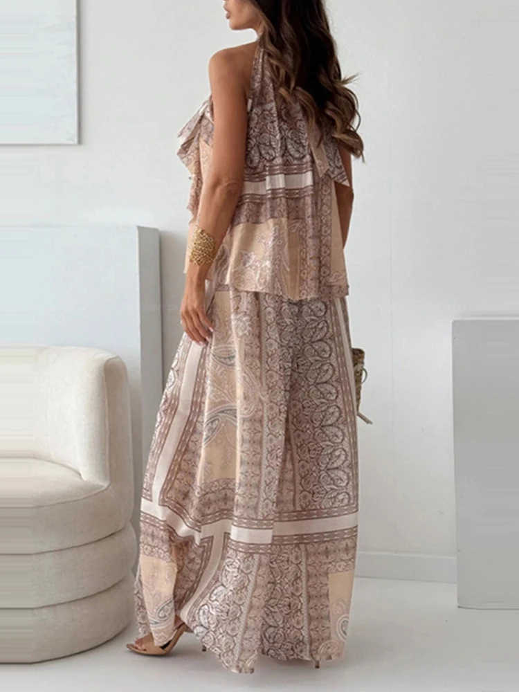 패션 패턴 프린트 여성 투피스 세트 섹시 홀터 러플 탑 풀오버 & 와이드 레그 팬츠 아웃핏 여름 슬리브리스 오피스 수트