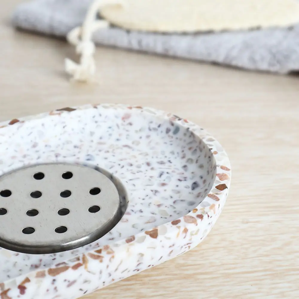 Unique Terrazzo Soap Dish Oval Bathroom Soap Tray Draining Soap Holder For Kitchen Sink Countertop Organizer Decor