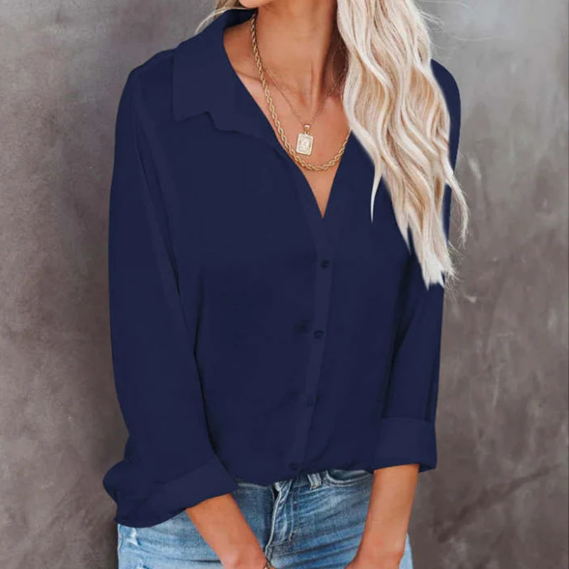 Women Shirt Casual Solid Elegant Long Sleeve Button Front Shirt Blouse Summer Tops Loose Fashion Womens Tops And Blouses