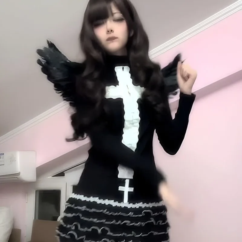 Kimotimo Gothic Dark Lace Splicing Cross Long Sleeve T-shirts Women Harajuku Y2k Aesthetic Slim Fit Tops Tees Vintage Clothes