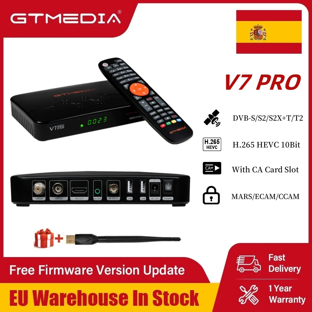 GTMEDIA V7 Pro MARS/ECAM/CCAM، DVB-S/S2/S2X+T/T2 جهاز استقبال الأقمار الصناعية يدعم متعدد الأشواط/T2MI، صندوق تلفزيون متعدد الغرف لمستودع الاتحاد الأوروبي