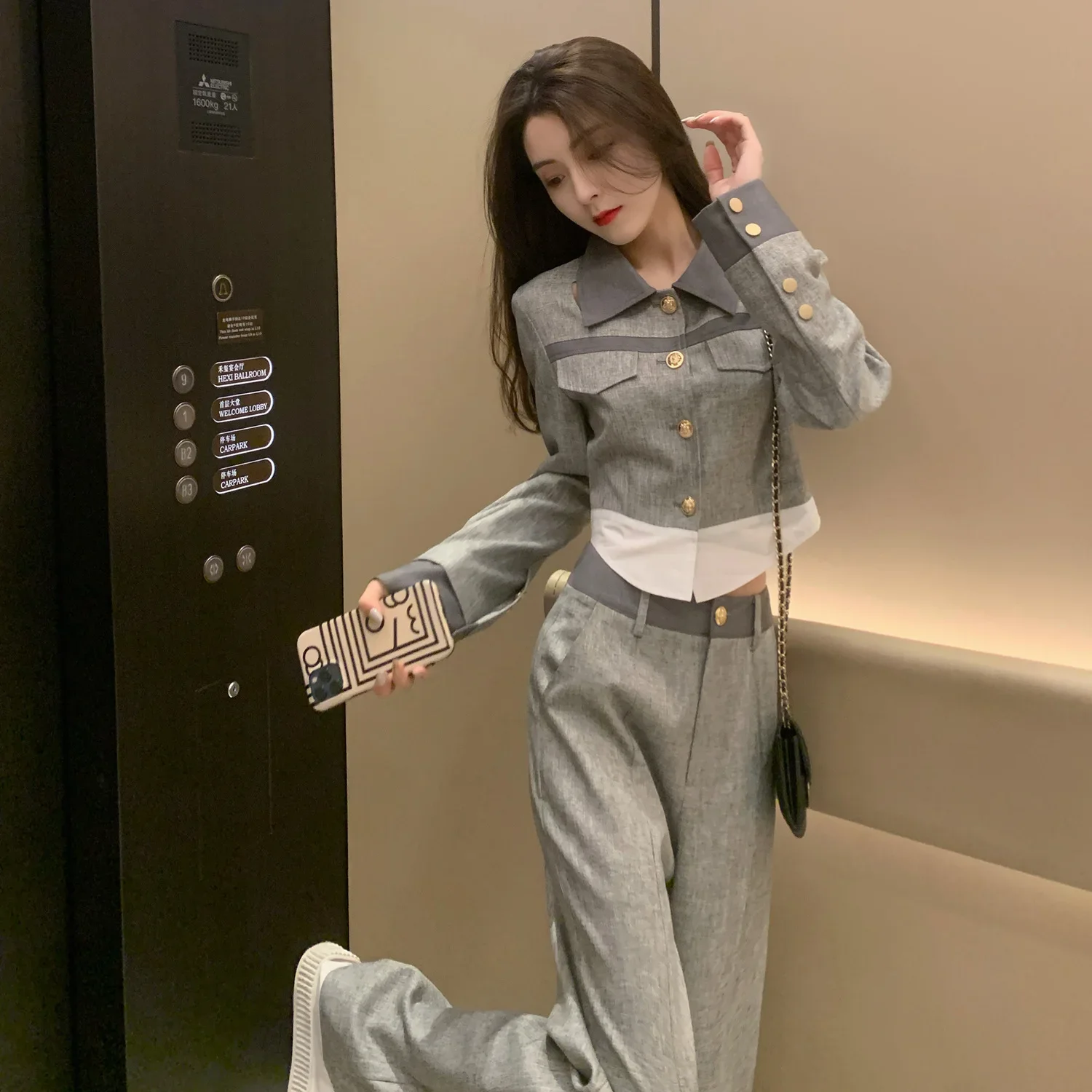 

Women's Top and Pants Two Piece Set Spring Autumn Ladies Trouser Splicing Grey Casual Elegant Xxl Promotion Tailor Korean Style