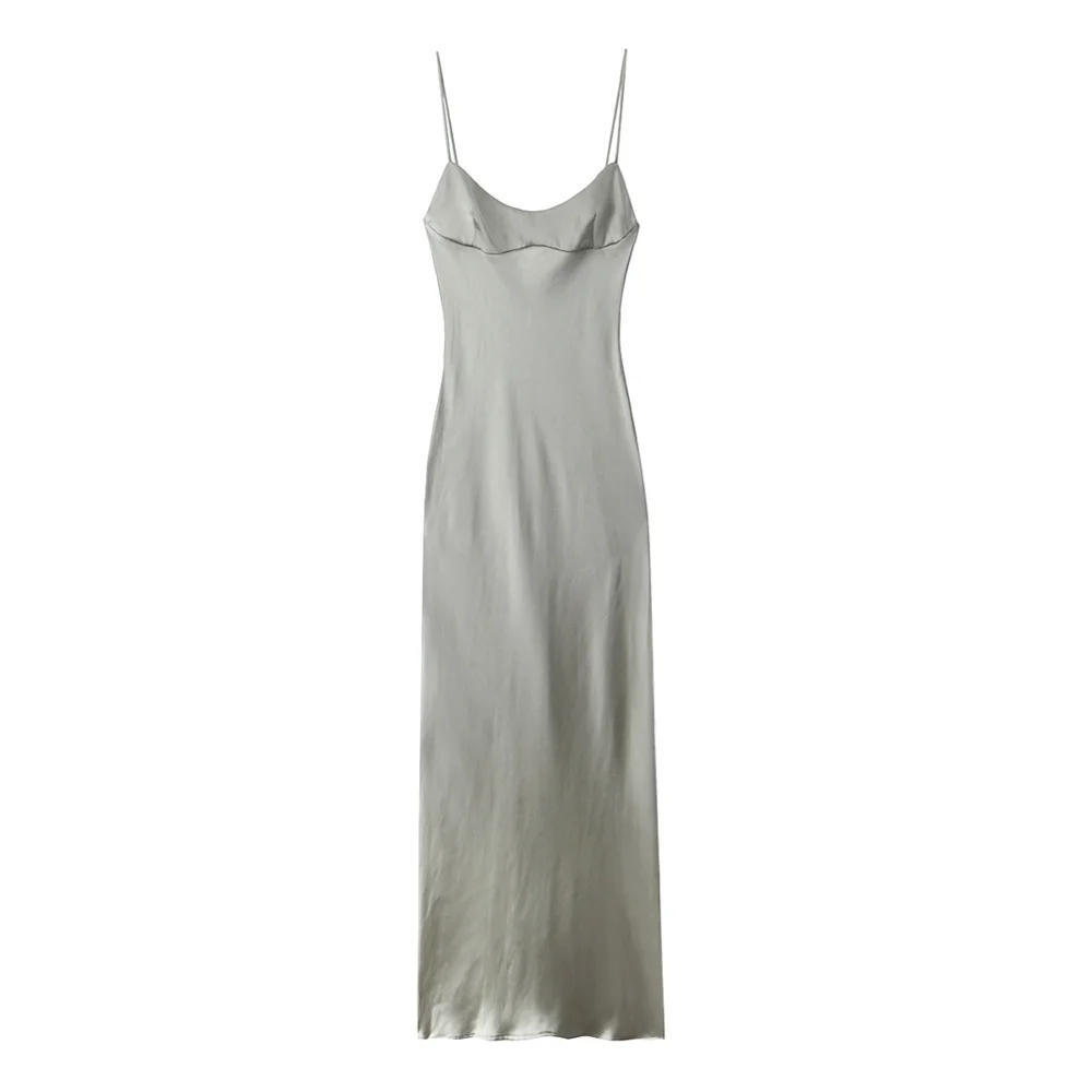 PB&ZA 2024 Spring New Women\'s Fashion and Elegance Versatile Satin Midi Strap Long Slim Fit Dress