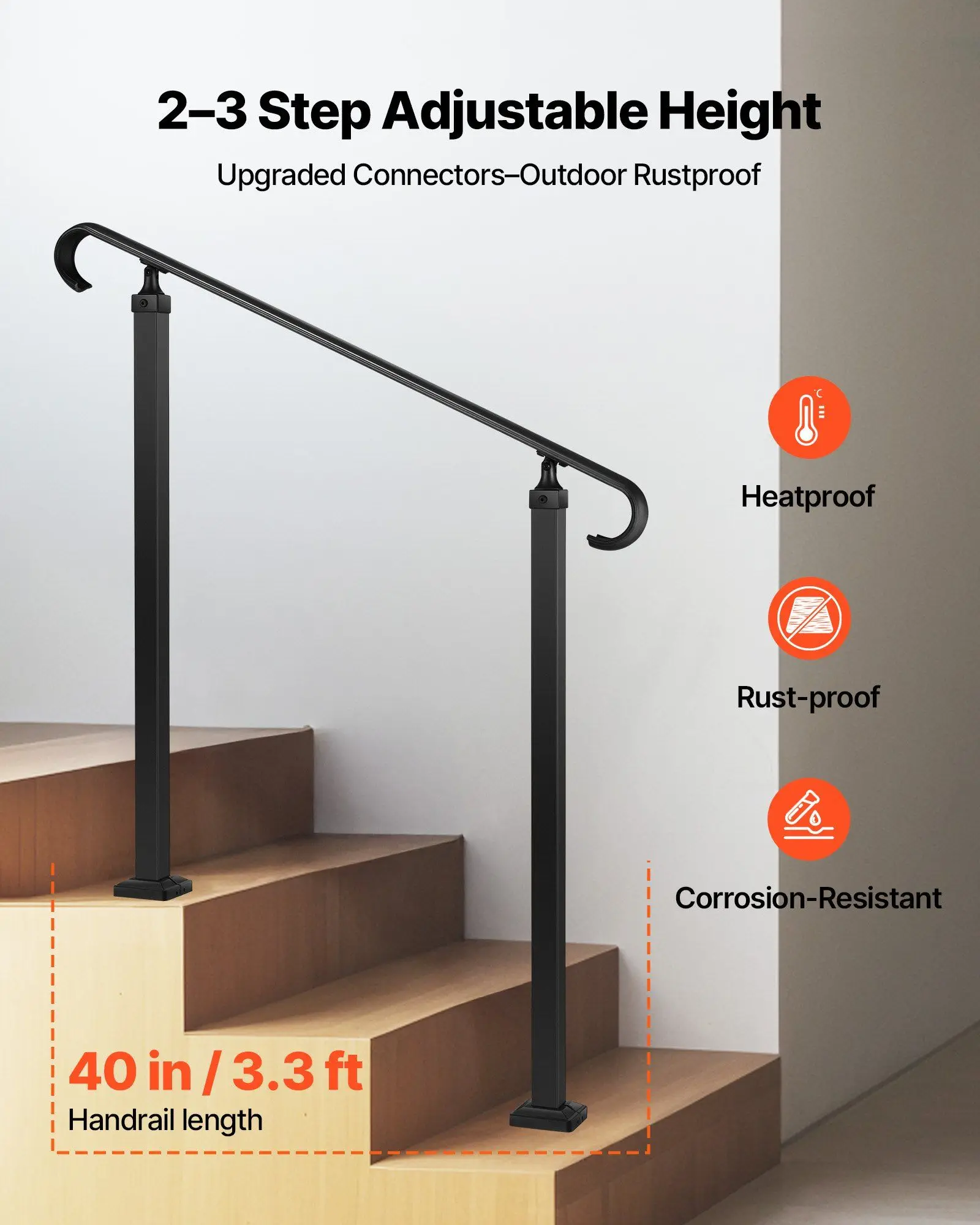 Pasamanos exterior de gran resistencia y baja para escalones, 2-3 niveles, 685 mm de alcance, capacidad de 220 lb, kit de fácil ajuste, negro mate