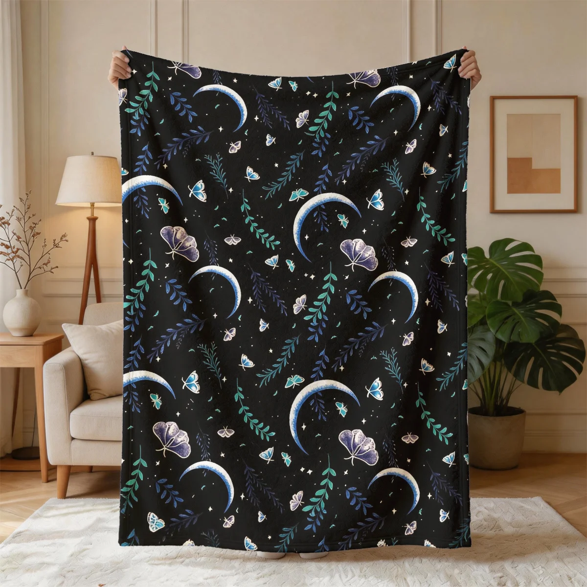 Cute Celestial Dream Night Sky Throw Blanket Stars Moon Rainbow Butterfly Pattern Cozy Home Decor Gift
