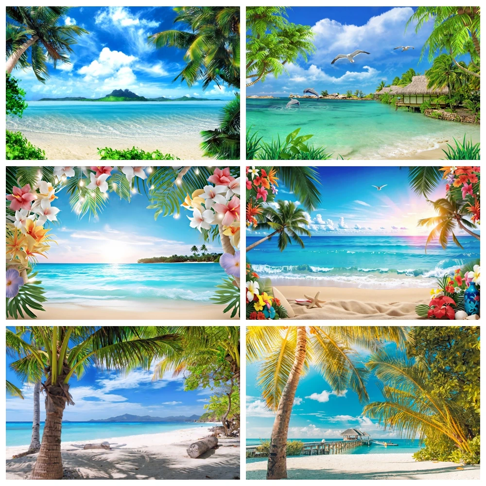 

Tropical Beach Backdrop for Photography Summer Hawaii Blue Ocean Wave Seaside Palm Tree Kid Holiday Party Photo Background Decor