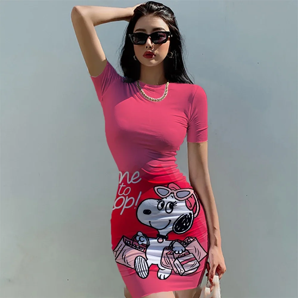 Mini saia de cintura plissada com o pescoço o feminino, encaixe sexy e apertado, saia Snoopy, vestido slim fit, regata preta Bodycon, Snoopy