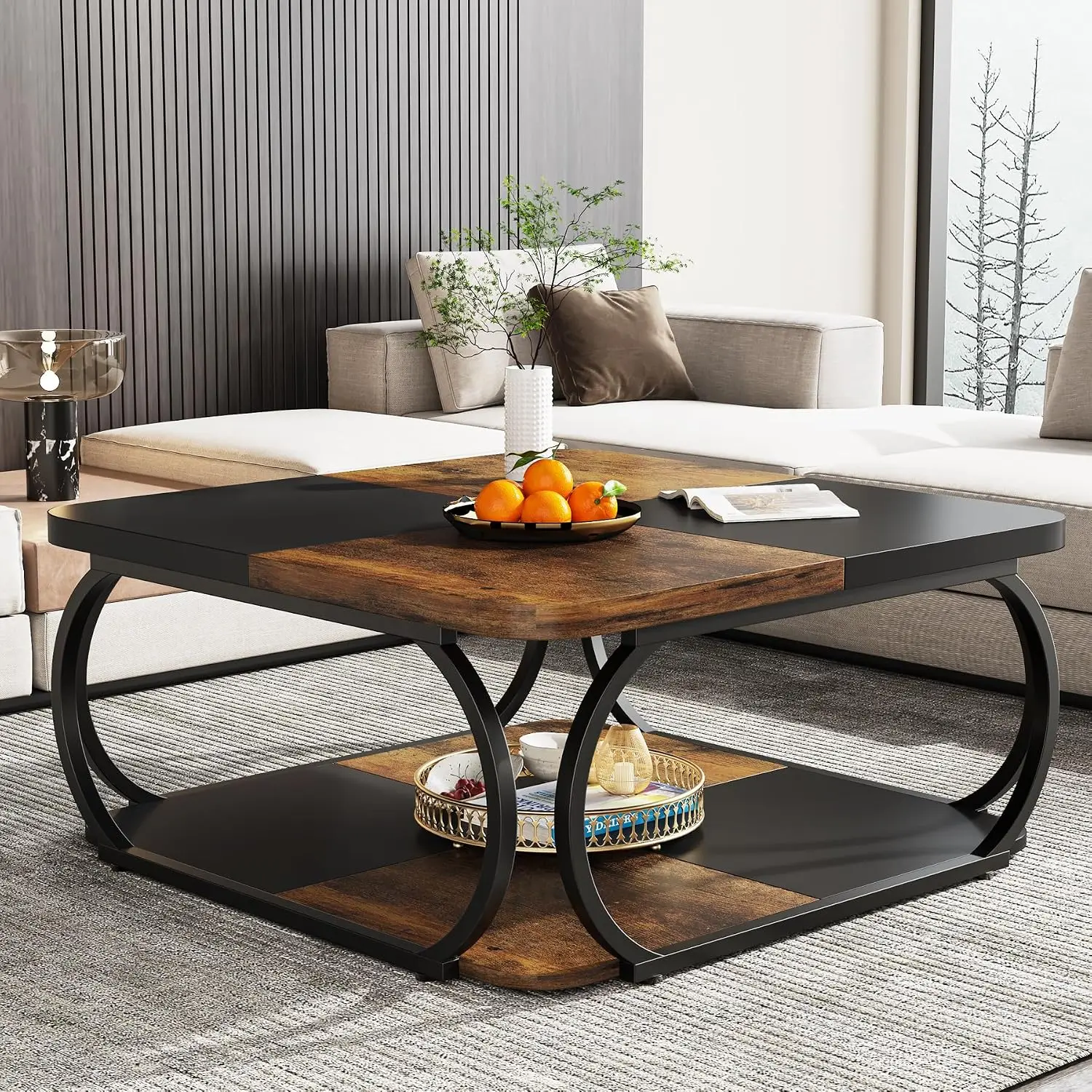 Square Coffee Table Two Tier Farmhouse Center Table Wood Storage Shelf Heavy Duty Metal Curved Frame For Modern Living Room Apartment Lounge Black Rustic Brown