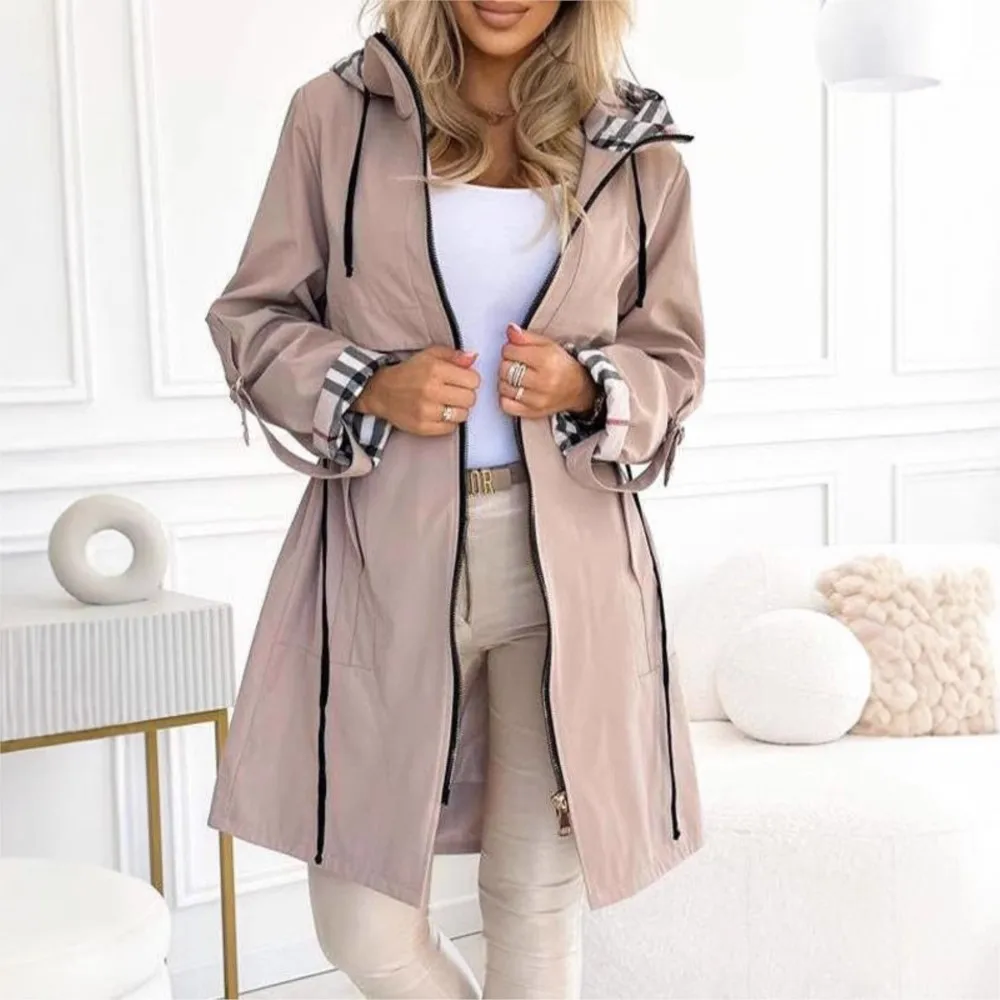 Autumn Winter Splicing Plaid Windbreaker Women's Coat Fashion Hooded Zipper Pocket Waist Drawstring Womanlong Windbreaker Jacket