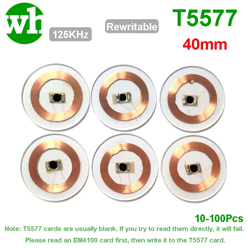 10-100Pcs 125KHz ID T5577 40mm Writable Rewritable Copper Coil Transparent Coin Card Keyfob RFID Proximity EM4305 Access Control