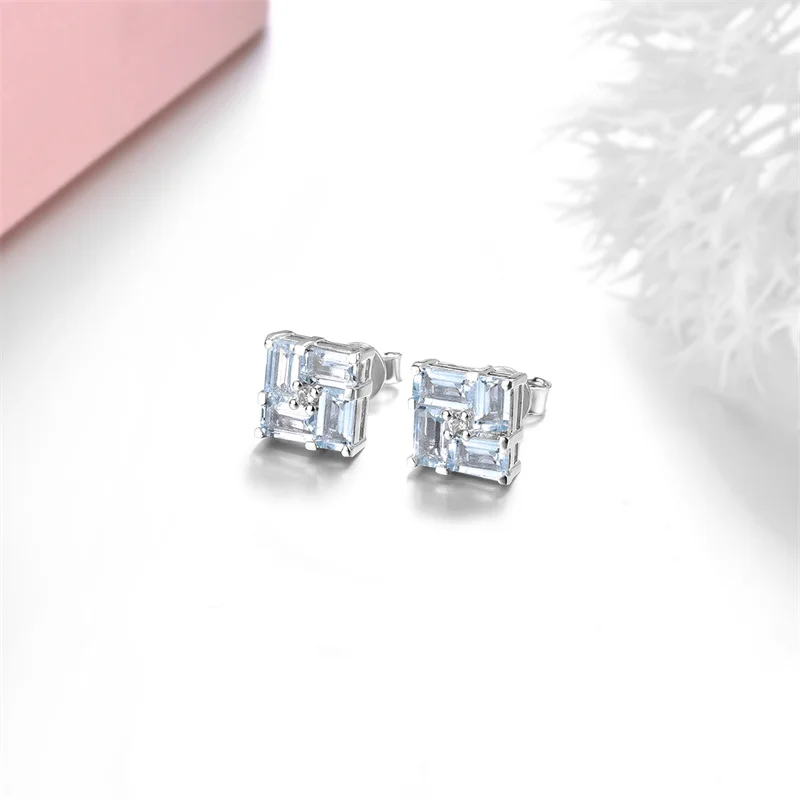 Stock Clearance Genuine Aquamarine Sterling Silver Stud Earrings 2 Carats Light Blue Gemstone Women Exquisite Style S925 Jewelry