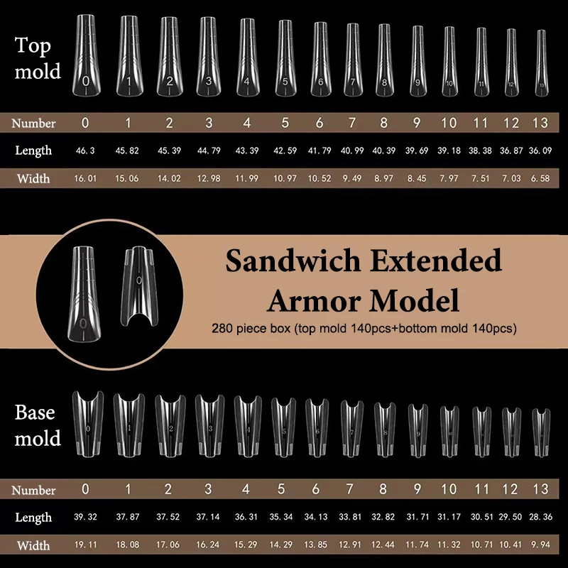 280 stks Sandwich Dual Forms Nail Extension Bovenste Mold Doodskist Amandel Acryl Top Bottom Mallen 14 Maten Nail Formulieren