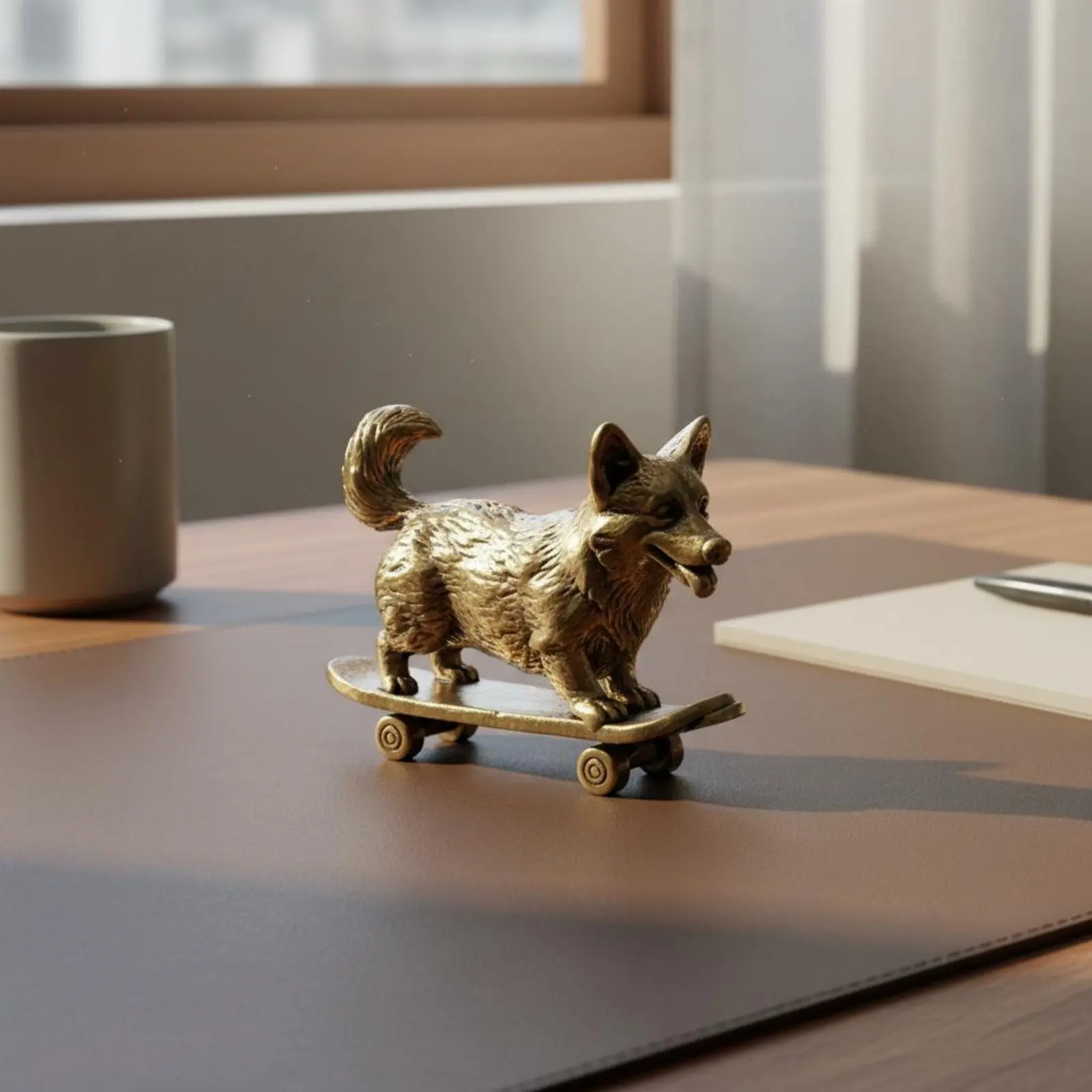 corgi-on-scooter-decoration-artisanal-brass-corgi-figurine-skateboarding-dog-statue-vintage-design-for-office-desk-shelf