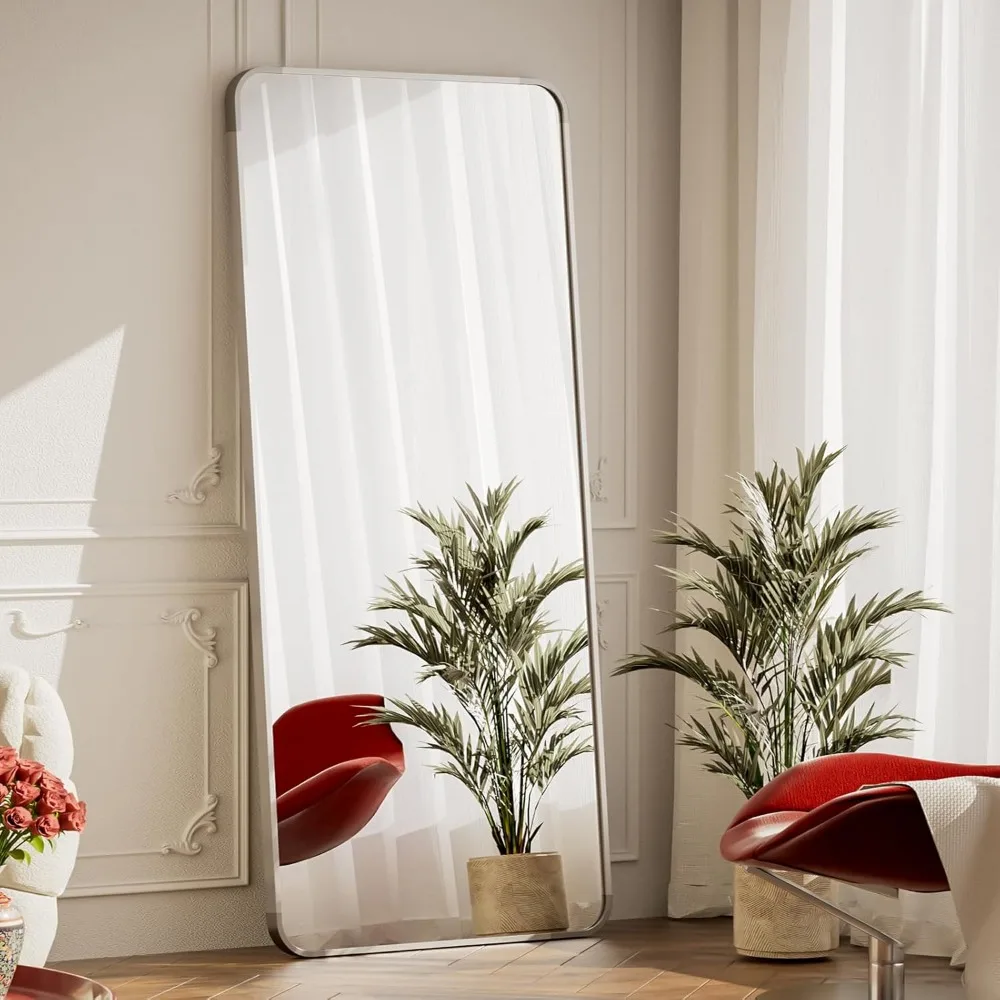 Miroir de sol argenté pleine longueur, 65 x 24 pouces, coins arrondis, polyvalent sur pied ou suspendu, idéal pour les chambres à coucher et le salon de spa