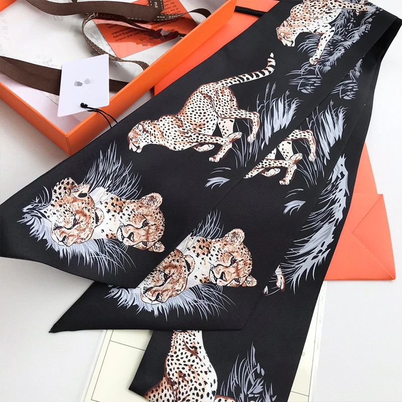 4-モメ二重層シルクスカーフヘアバンドマルベリーシルクナローネクタイウエストバンドプリント多機能女性用スカーフ