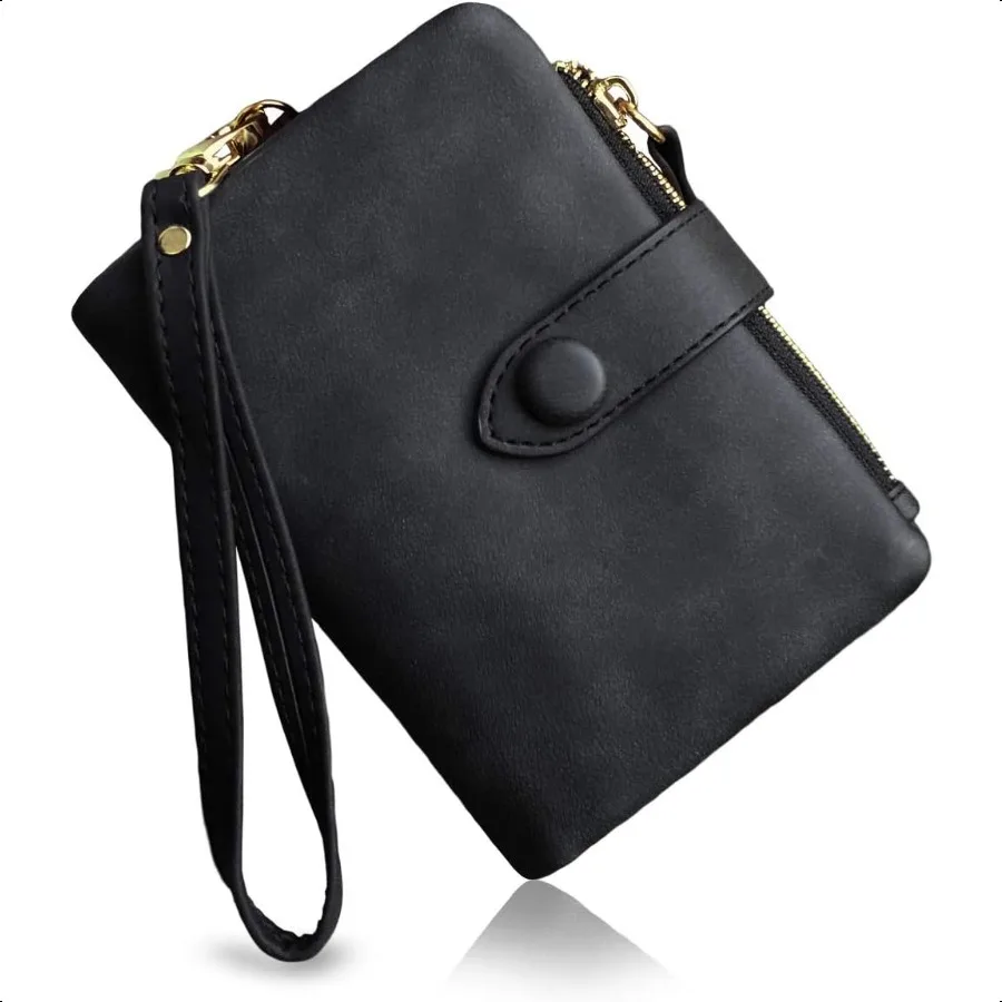 

Womens Small Bifold Leather Wallets RFID Ladies Wristlet with Card Slots id Window Zipper Coin Purse