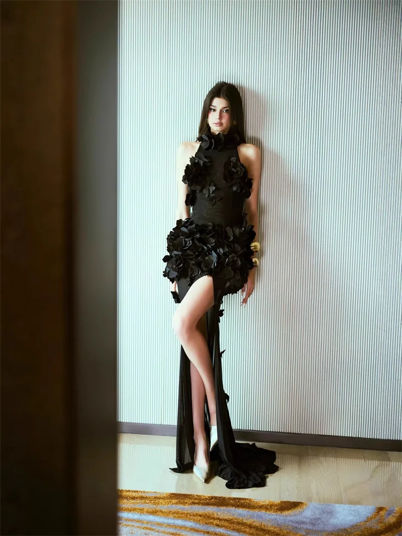 Black Prom Dress 3D Flower Sexy Sleeveless Side Split Mermaid Long Party Gown Formal Wedding Guest Birthday Robe