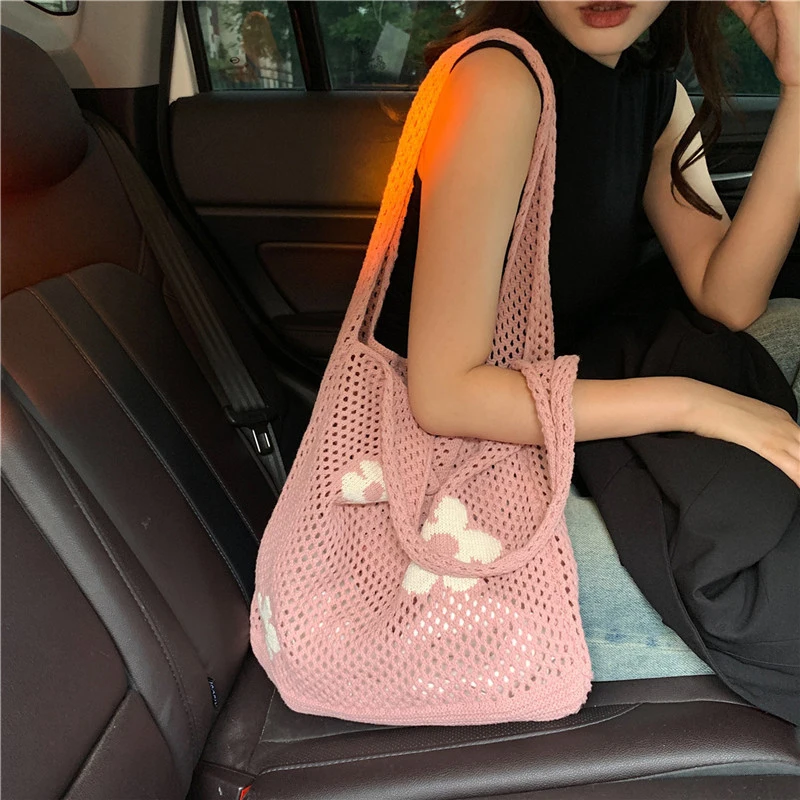 Fashion Sweet Flower Knitted Hollow Tote Bag Large Capacity Shopping Bag Ladies Simple Retro Shoulder Bag Handbag for Women