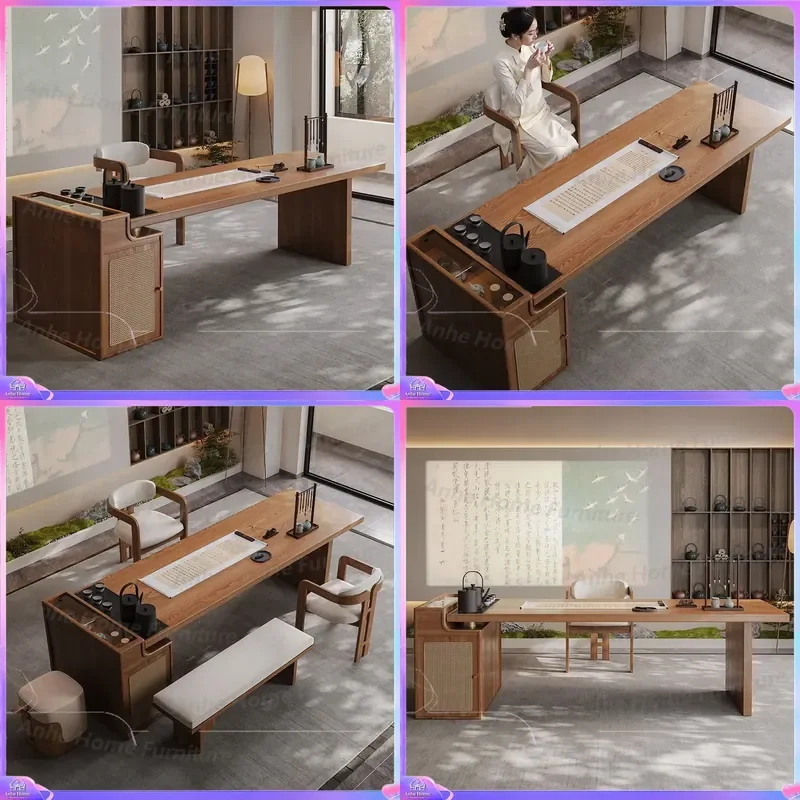 2026 New Chinese Style Solid Wood Tea Table Large Long Desk Office Reception Living Room Furniture Integrated Dual Use Coffee