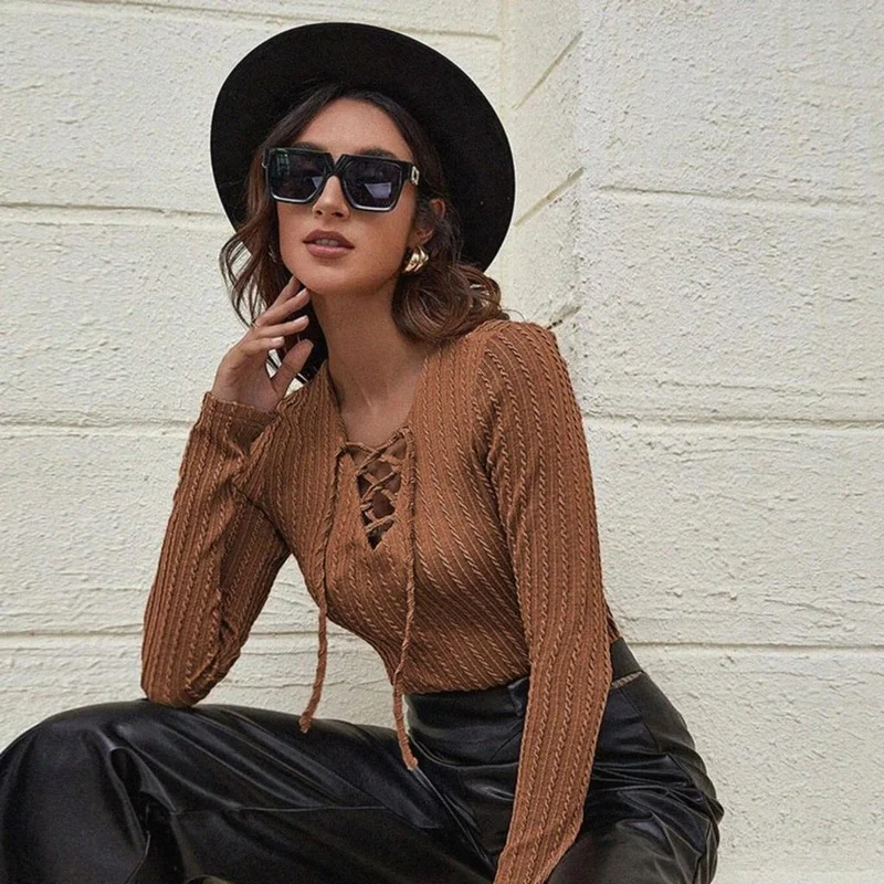 Women's Autumn V-neck Long Sleeve Slim Tops Retro Casual Women's Twist Knitted T-shirt Fashion Women's V-neck Lace-up Shirt