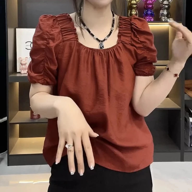 Mode Alle-spiel Jugend Hemd Tops Sommer Solide Lose Plus Größe Einfachheit Plissee Vintage Bluse Elegante Casual Frauen Kleidung