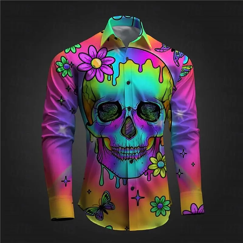 3D printed skull abstract hippie subculture men's shirt casual spring long sleeved four-way elastic fabric shirt