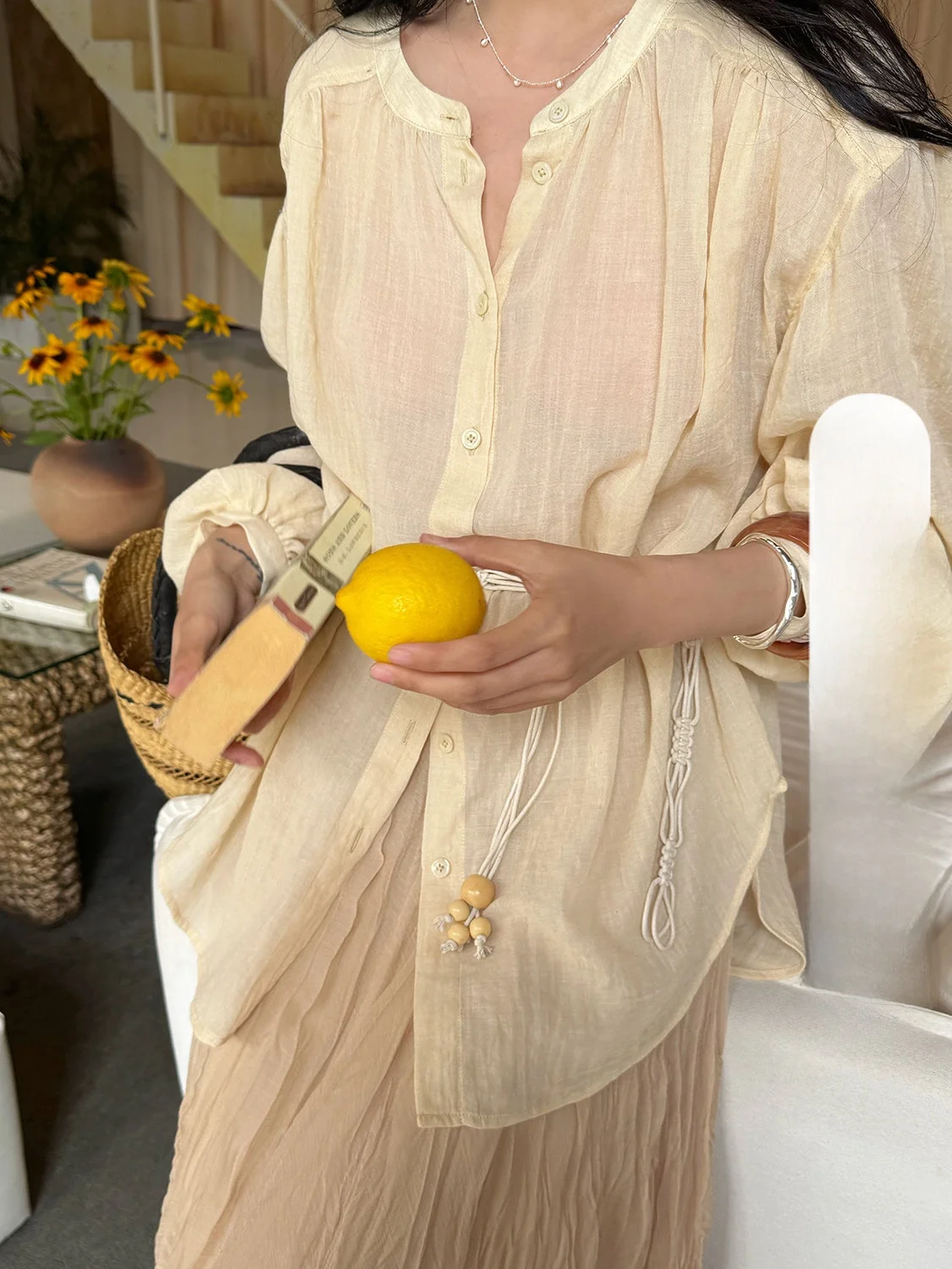 

Loose Long Sve Cotton Linen Bubble Water Resistant Lantern Sve irt Women's Air Conditioning Outerwear Sun Protection