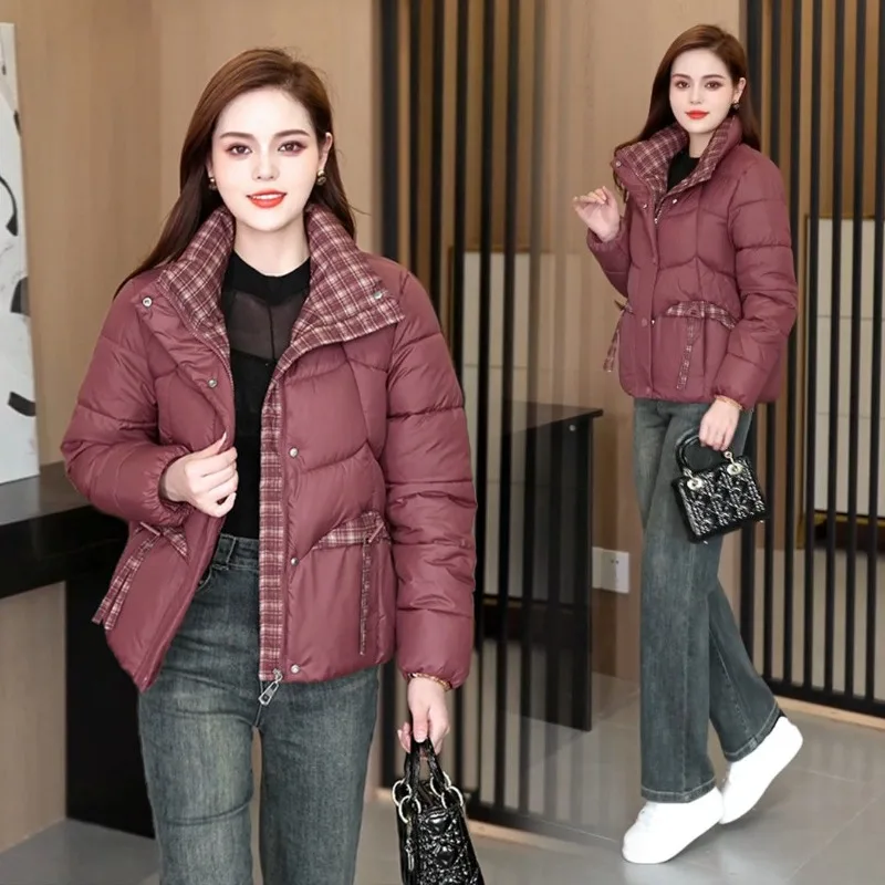 

Женская хлопковая куртка с коротким воротником-стойкой в сетку, модное утолщенное хлопковое пальто 2025 года для зимнего теплого похудения