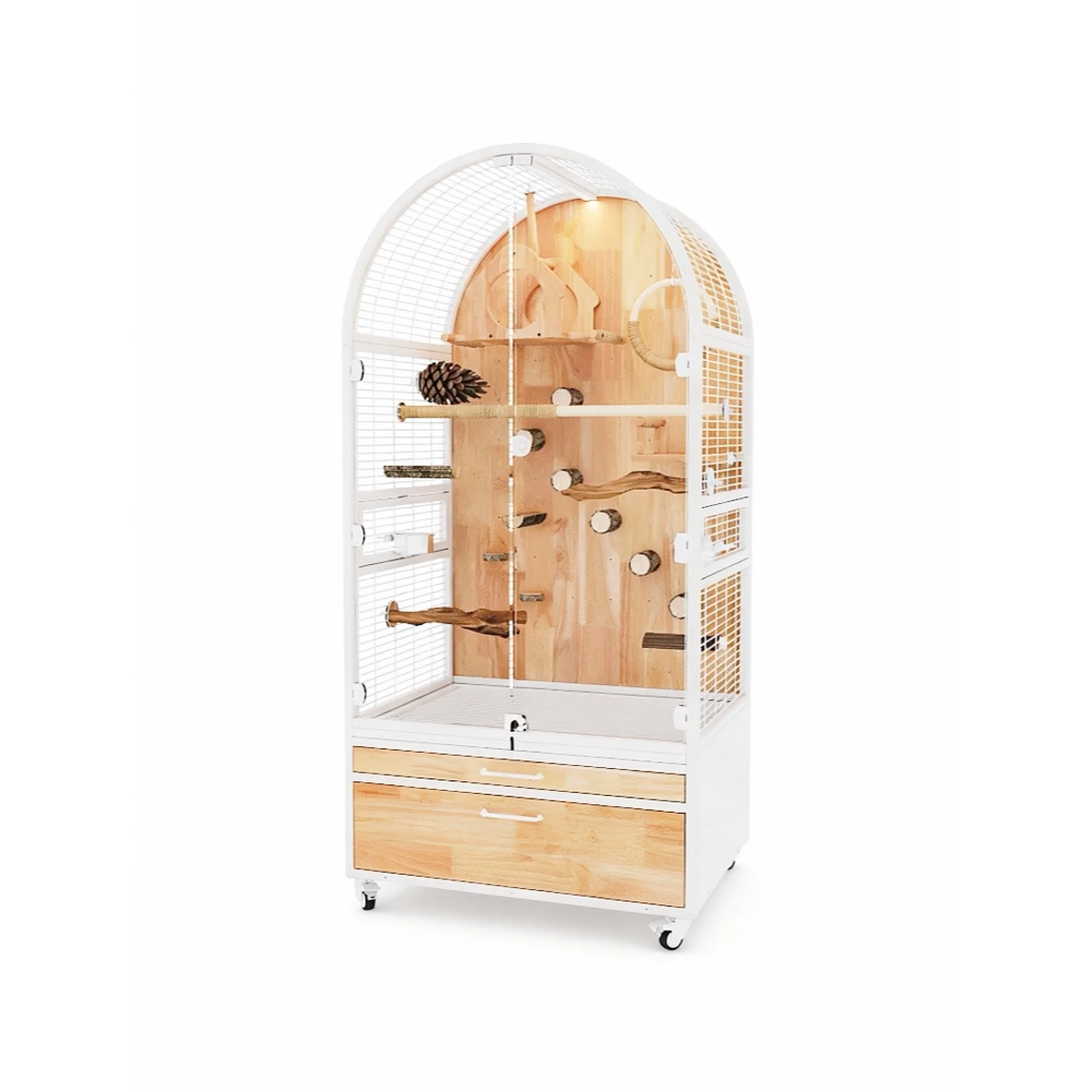 Luxurious Large Parrot Aviary Villa-Style Bird Cage Iron Wood Frame Space-Saving Splash-Proof Glass Panels Easy Assembly Indoor