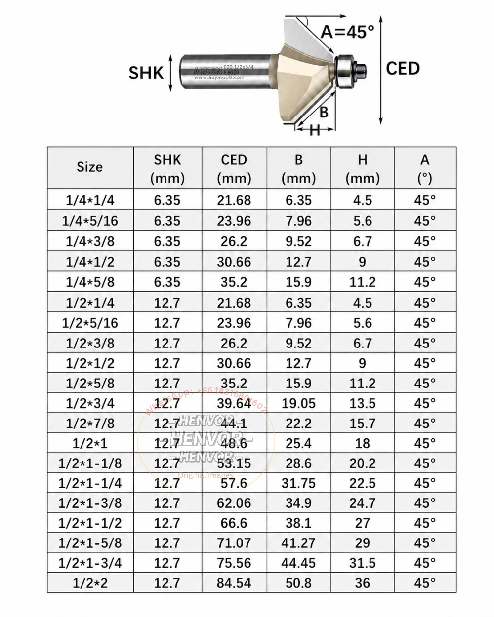 ARDEN 45° Chamfer Router Bit with Bearing Carbide Woodworking Bevel Edge Trimming Milling Cutter for Wood MDF Plywood