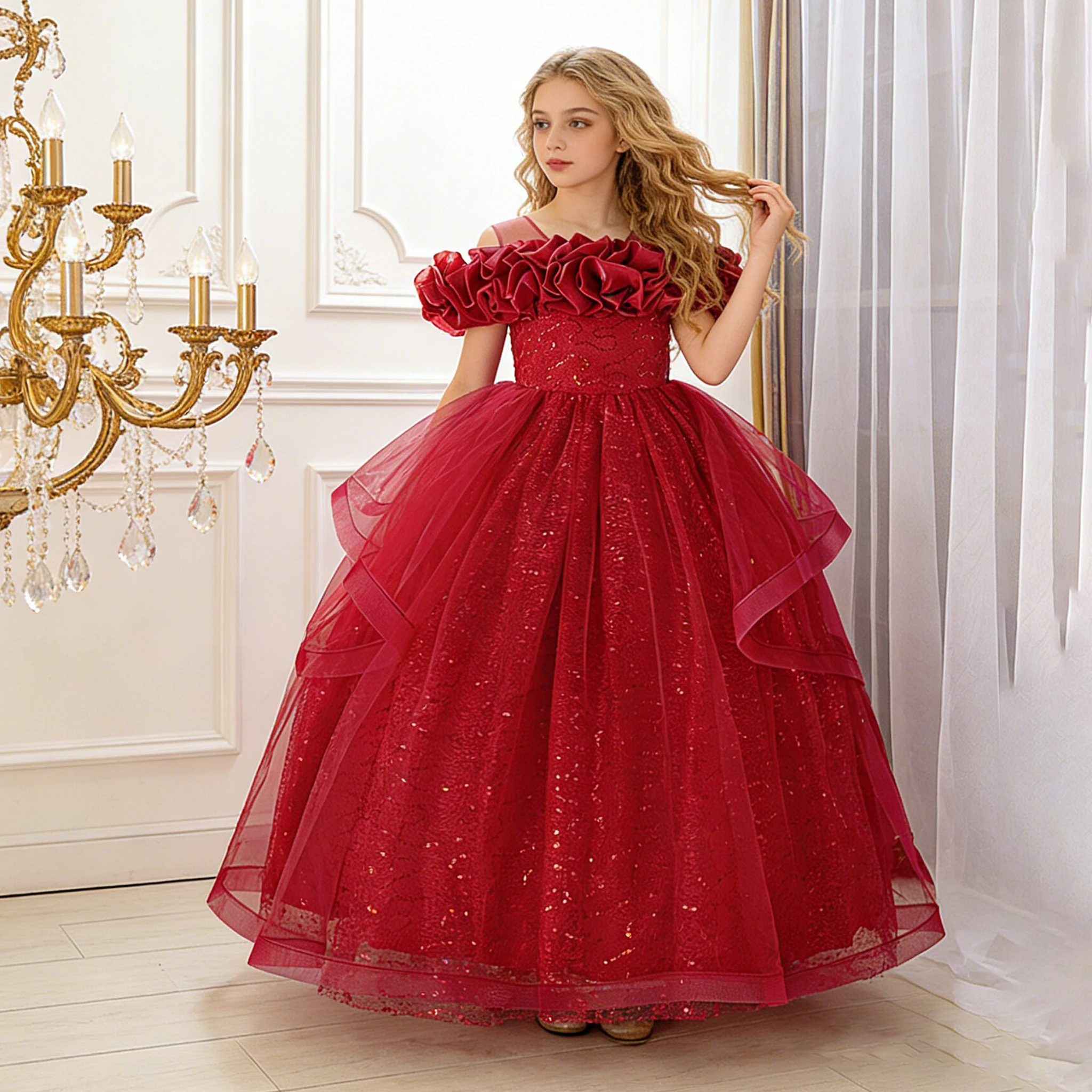 Fashion Flower Party Bridesmaid Girl Dresses Christmas Costume Elegant Wedding Princess Dress Girl First Communion Birthday Gown
