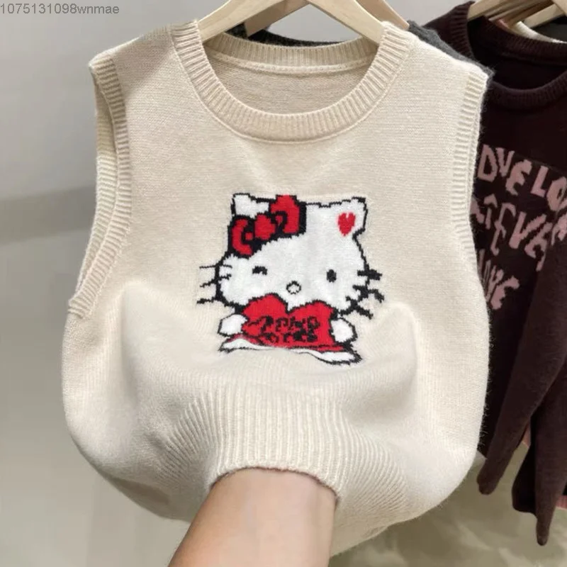 Sanrio Hello Kitty Knitted Vests Women\'s Korean Style Cute Cartoon Tops for Women Sweet Casual Knitwear Pullovers Clothes