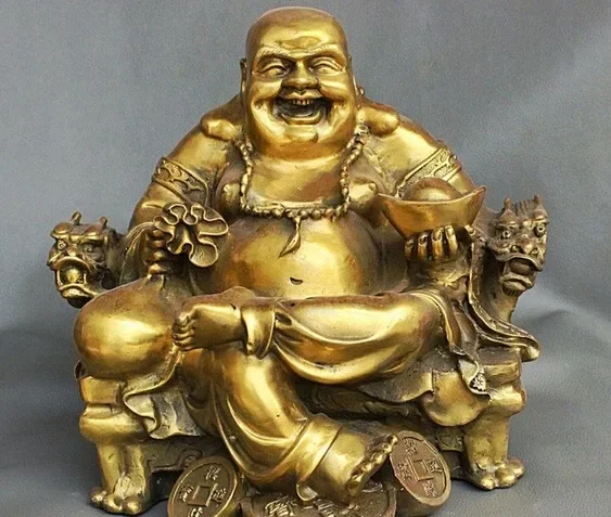 

10" Chinese Brass Sit Dragon Chair Wealth Happy Laughing Maitreya Buddha Statue