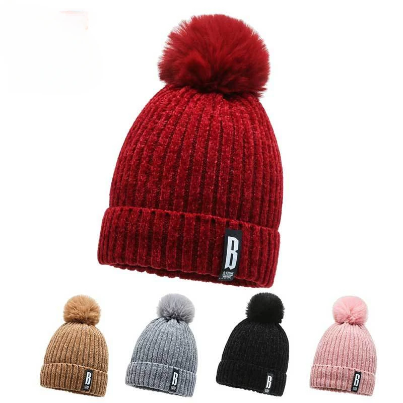 

Winter Hats for Woman Thicker Beanies Chenille Ball Knitted Cap Girls Autumn Beanie Hats Fleece-lined Warmer Bonnet Casual Cap