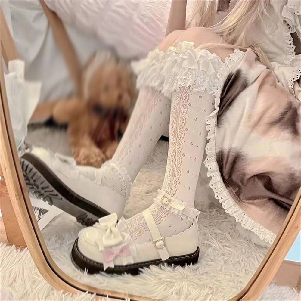 Sweet Girls Lolita Milky White Bow Lace Long-tube Calf Socks Ladies JK Hollow Out Pattern Stockings Themed Party Dress Accessory