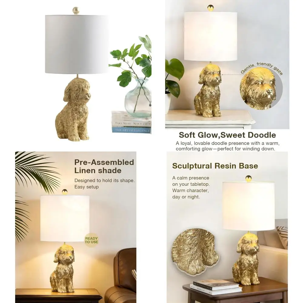 

Настольная лампа из смолы с белым льняным абажуром, дизайн с милым изображением собаки для спальни или гостиной, уникальный декор для дома