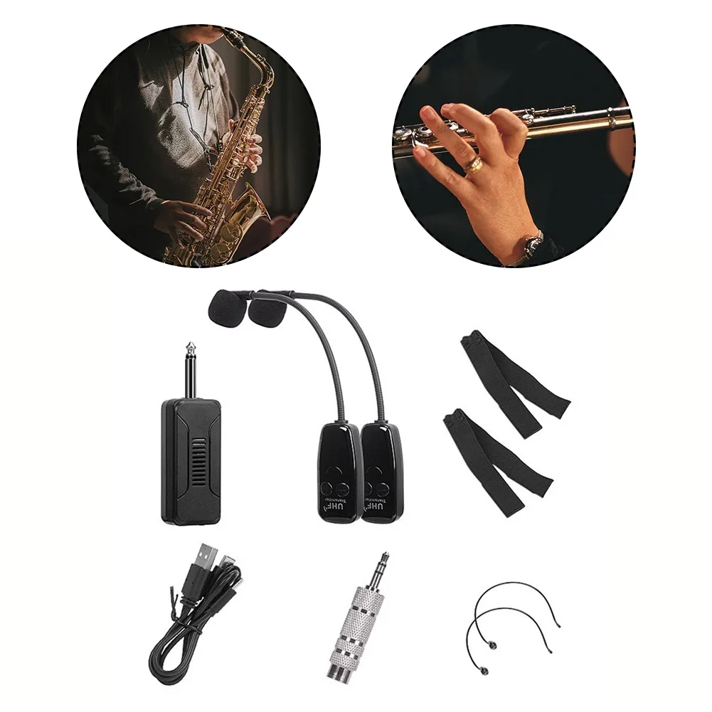 

Wireless Saxophone Flute Erhu Microphone 2 Wireless Mics 2 In 1 Rechargeable 17.1x14.2x4CM UHF Technology Long Battery Life