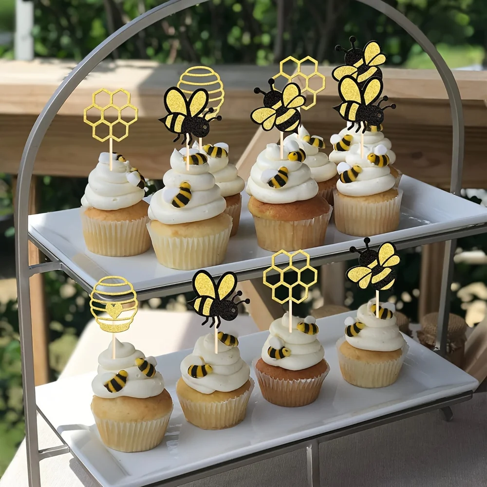 12 Stück Cupcake-Topper für Hummel, Waben-Designs für Geburtstagsparty-Dekoration mit Cartoon-Tiermotiv, Festival-Zubehör