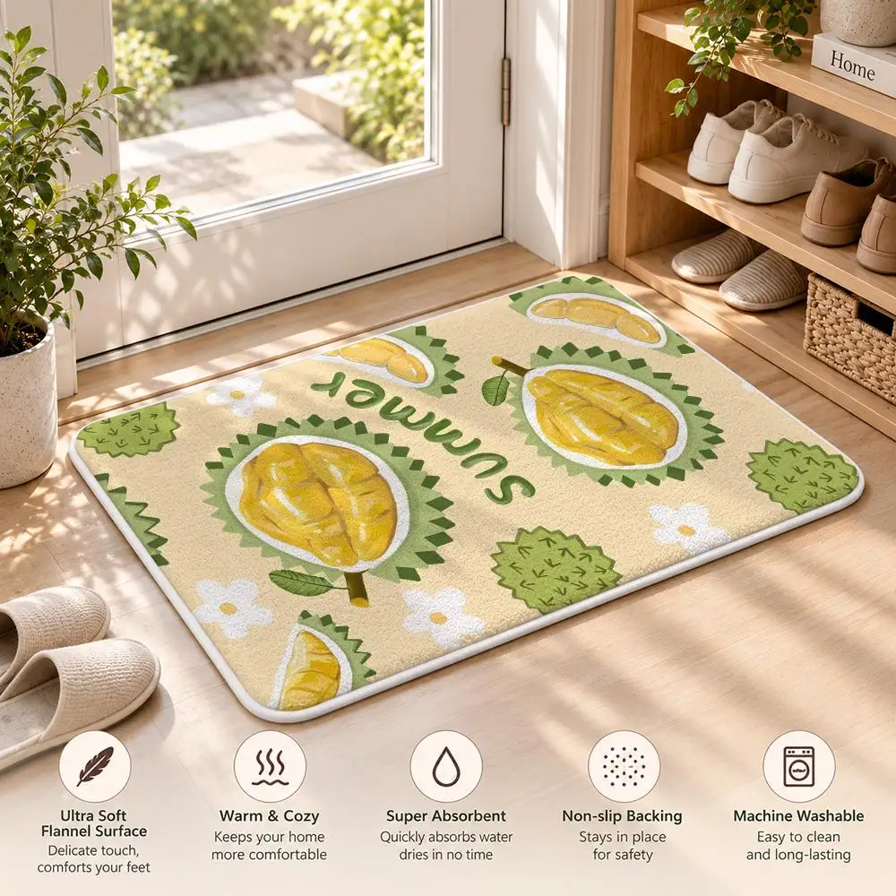 Durian Fruit With Thorns Floor Mat Flannel Rug Soft Non Slip Washable Door Mat For Bathroom Bedroom Kitchen Home Decor